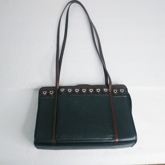 VTG! BRIGHTON Black/Brown Pebble Leather Shoulder Bag 10" Wide x 6.75" Tall - Picture 4 of 11